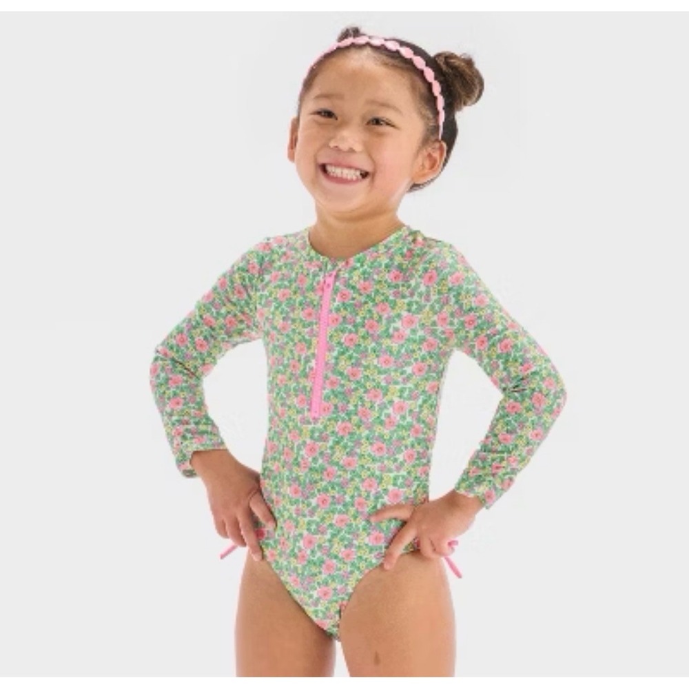 Cat & Jack Baby Girls Floral Long Sleeve Rash Guard Swimsuit 18M NWT Pink Green